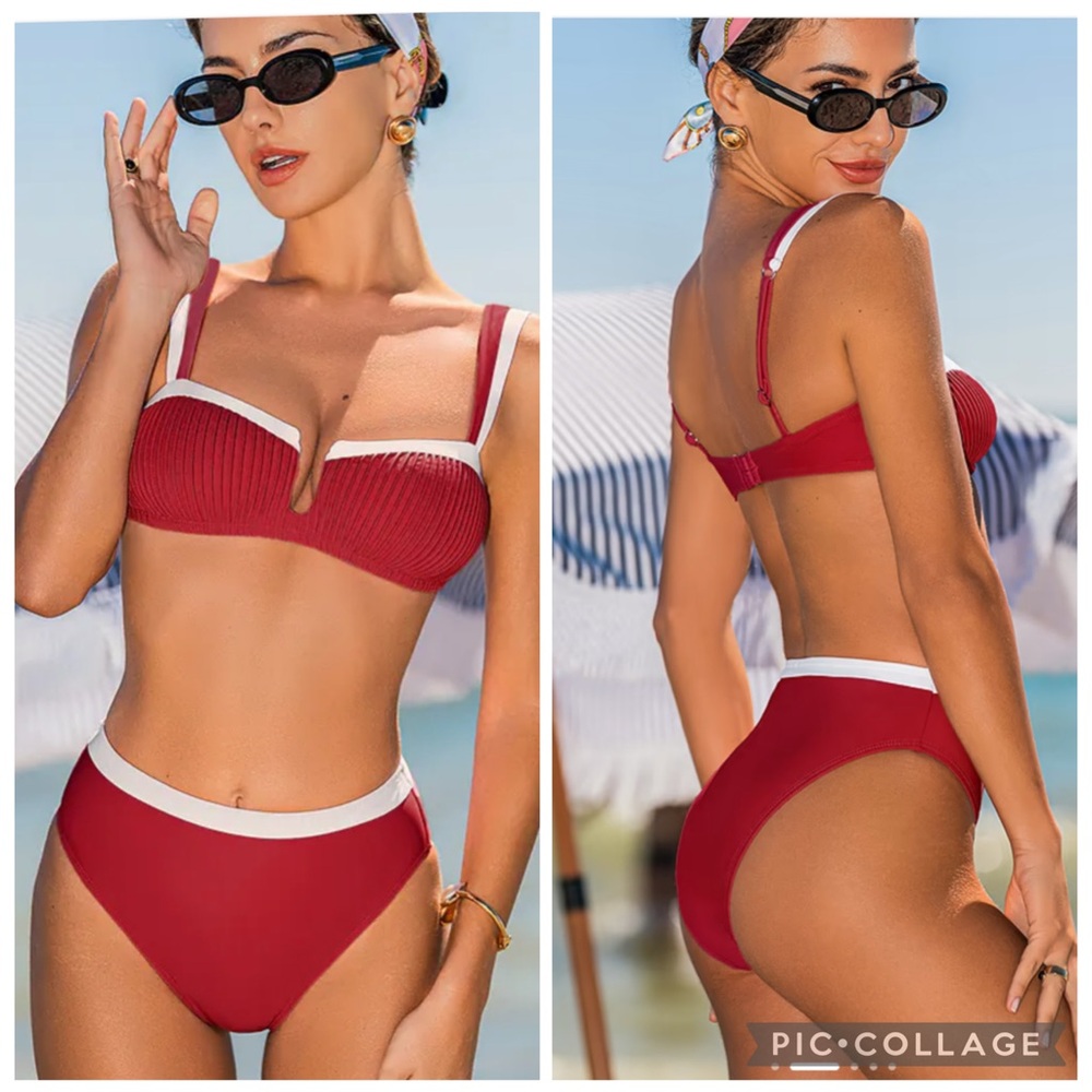Queen of Spades Red High Waist Bikini Bottom with White Trim Large NWT